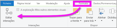 Captura de ecrã do menu Formato do Ambiente de Trabalho do Power BI, realçando Editar interações.