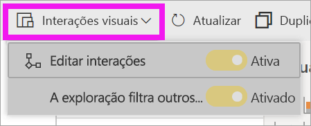 Captura de ecrã do serviço Power BI, realçando a lista pendente Interações visuais.