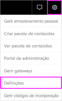 Captura de ecrã da barra de menus do Power BI, realçando o ícone de engrenagem e a opção Definições.