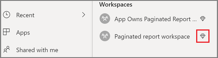 Uma captura de tela que mostra o ícone de diamante ao lado do nome do espaço de trabalho do aplicativo.