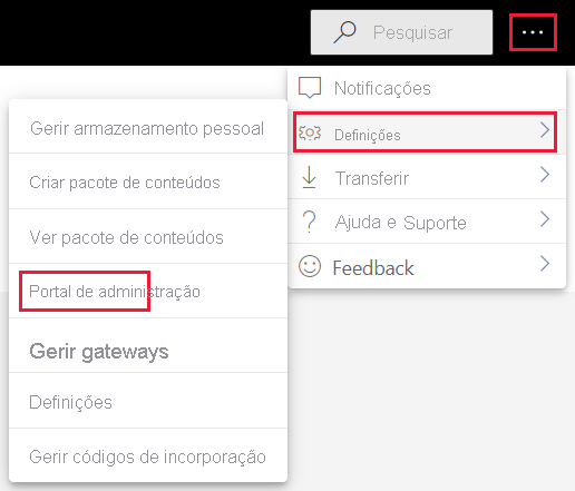 Uma captura de tela mostrando a opção do menu de configurações do administrador no menu de configurações do serviço Power B I.