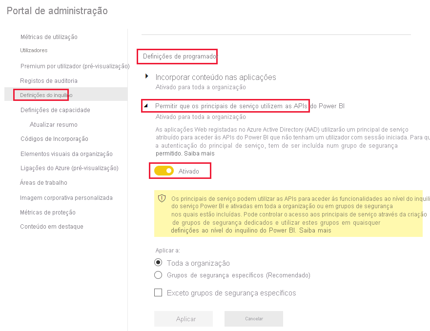 Uma captura de tela mostrando como habilitar a opção de configurações do desenvolvedor, na opção de menu de configurações do locatário, no serviço Power B I.