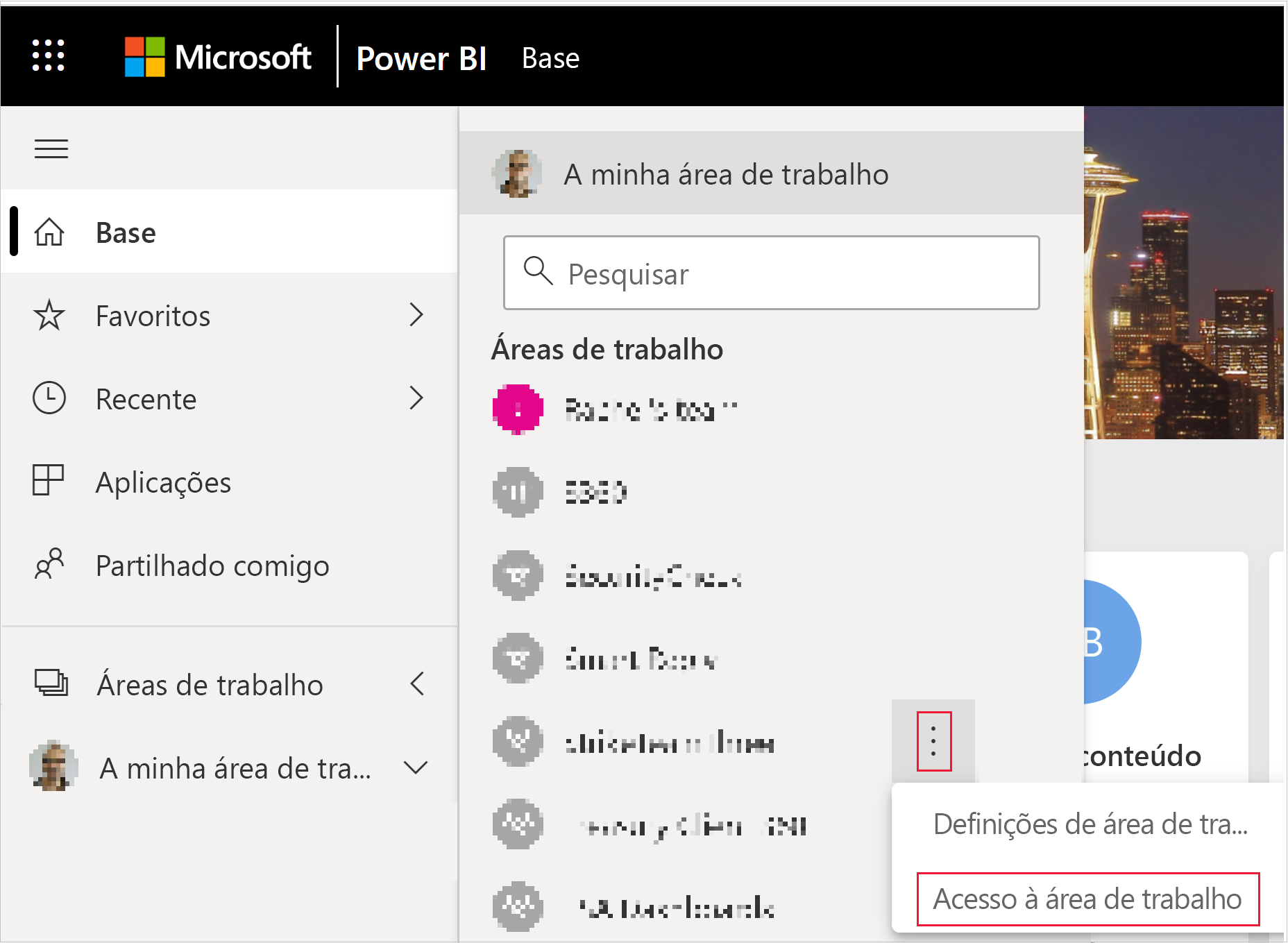 Captura de tela mostrando o botão de acesso ao espaço de trabalho no menu mais de um espaço de trabalho do Power B I.