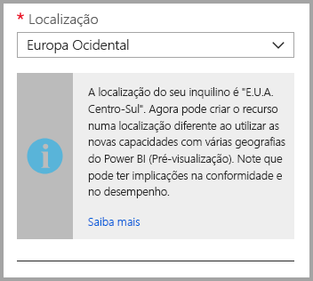 Screenshot of the Azure portal capacity creation screen, which shows the capacity's location is different than the default tenant location.