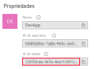 Captura de tela da janela do portal do Azure, que mostra a ID do objeto principal na seção de propriedades na folha Visão geral de um aplicativo Microsoft Entra.