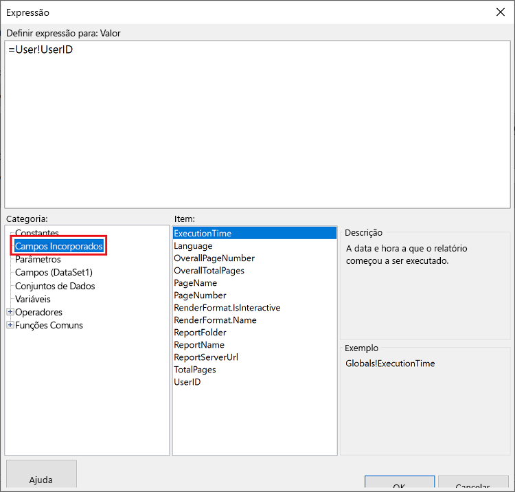 A captura de tela mostra a janela Expressão com Campos Internos selecionados como Categoria e ExecutionTime selecionados como Item.
