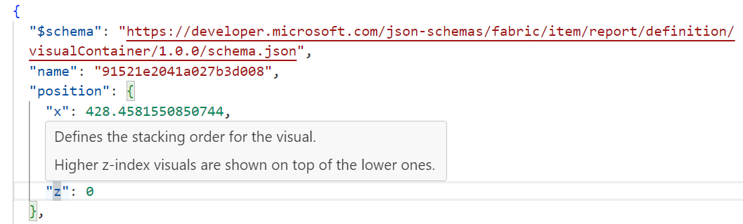 Captura de tela da dica de ferramenta prompt PBIR JSON Schema.