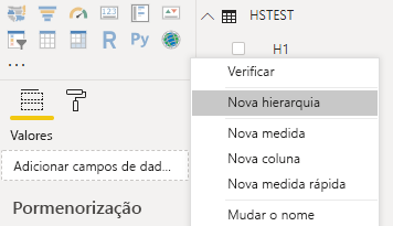 A captura de tela mostra a área de trabalho do Power B I com a hierarquia Nova selecionada em um menu contextual.