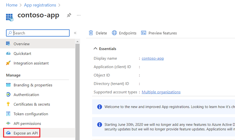 Captura de ecrã da página Expor uma API da aplicação de registo Microsoft Entra ID.