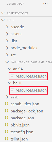 Uma captura de tela de código VS de uma pasta de projeto visual. Cada subpasta na pasta de recursos de cadeia de caracteres tem um arquivo resjson de pontos de recursos.