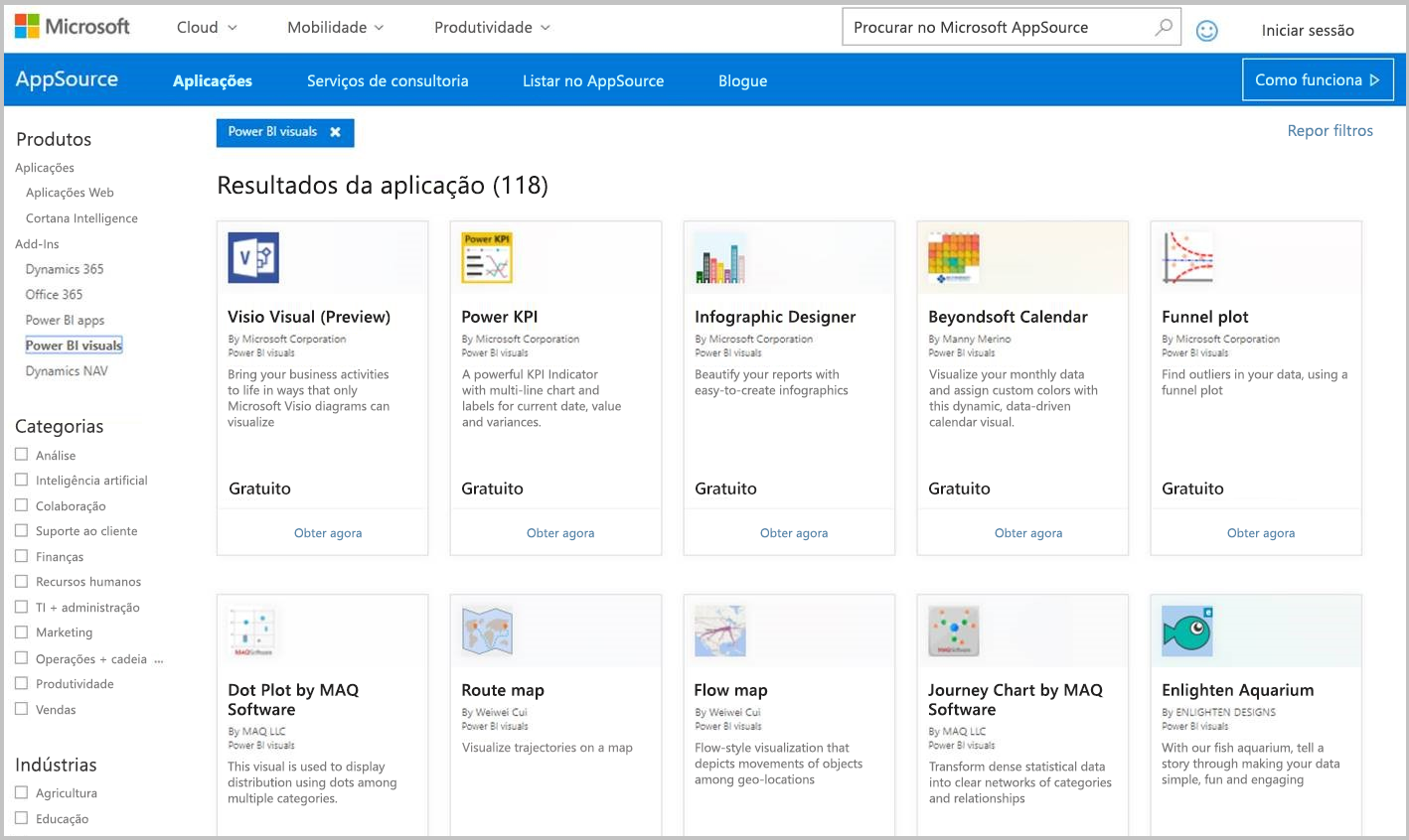 Captura de ecrã dos elementos visuais do Power B I no AppSource.