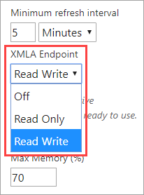 Captura de ecrã mostrando as configurações do ponto de extremidade XMLA. Leitura e escrita está selecionada.