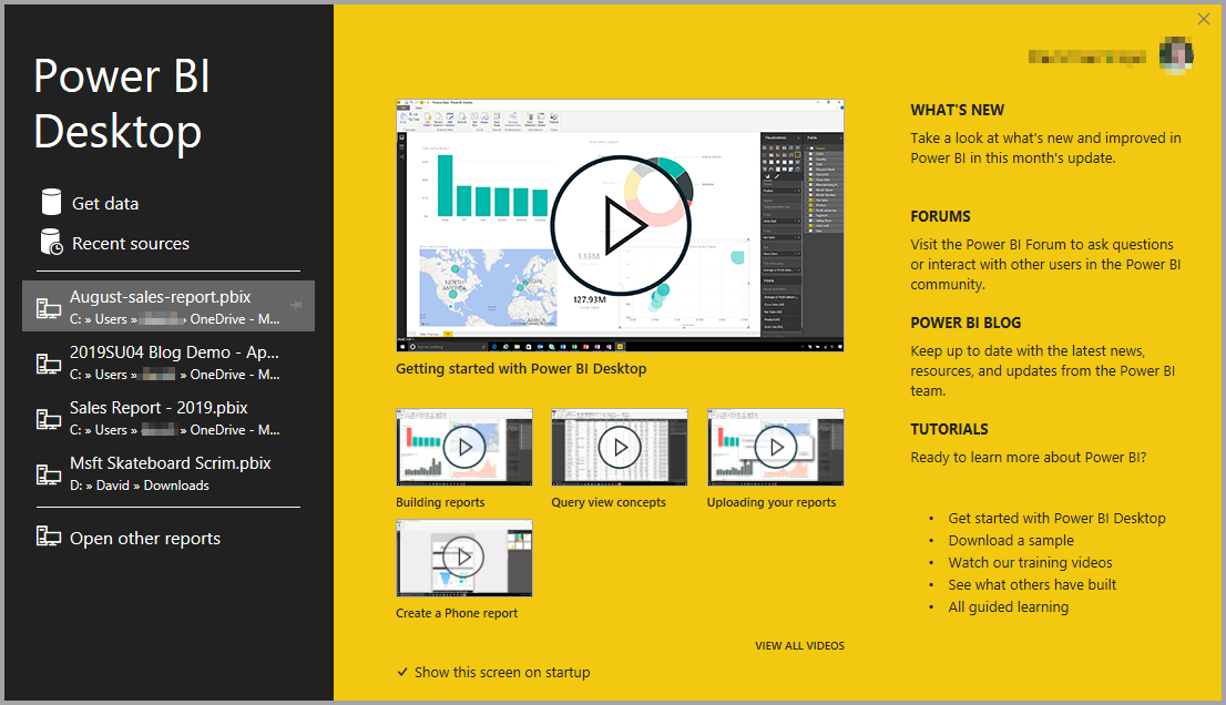 Captura de ecrã da instalação do Power BI Desktop a mostrar o ecrã de boas-vindas.