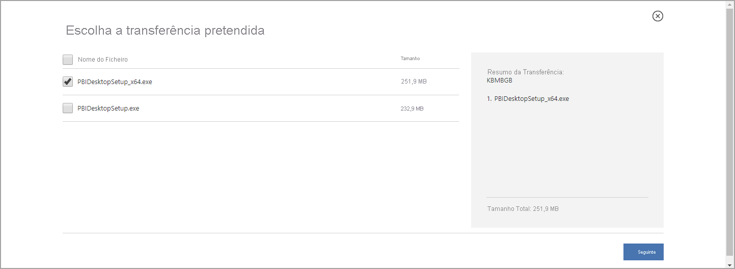 Captura de ecrã do Centro de Transferências a mostrar a transferência do Power BI Desktop de 64 bits selecionada.