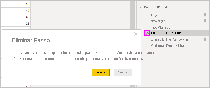 Captura de ecrã do Power B I Desktop a mostrar a caixa de diálogo Eliminar Passo.