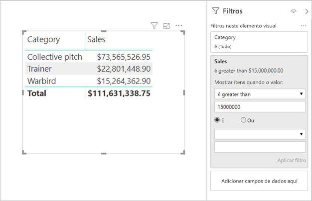 Captura de ecrã a mostrar o Power BI Desktop e dados tabulares com filtros aplicados.