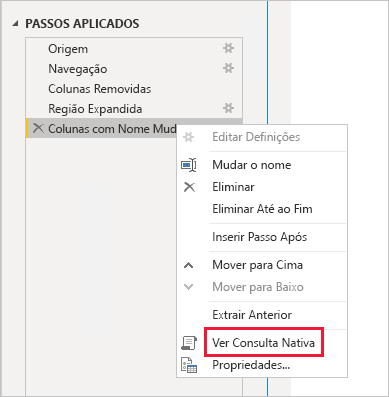 Captura de ecrã a mostrar o Power BI Desktop e a opção Ver Consulta Nativa em Passos Aplicados.