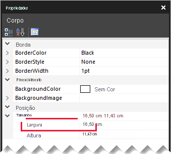 Image shows the Properties pane, highlighting the report body width property.