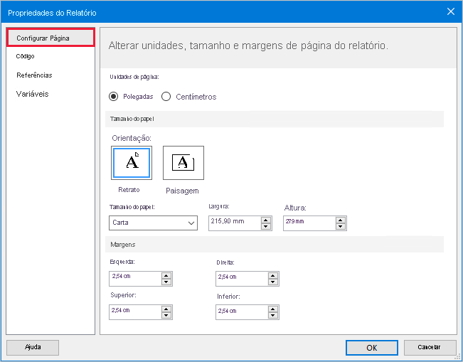 Image shows the Report Properties window, highlighting the Page Setup page.