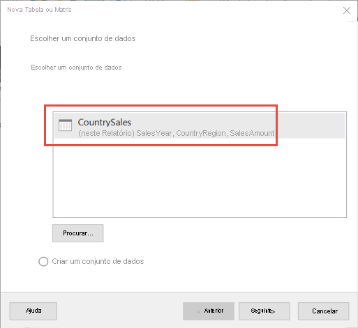 Captura de ecrã da caixa de diálogo Escolher um conjunto de dados.