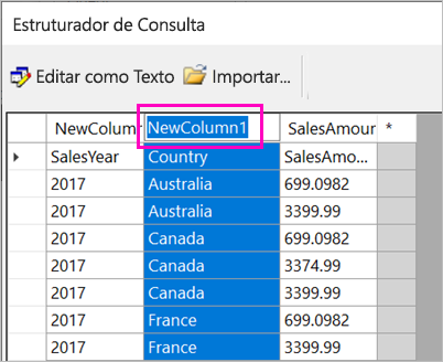 Captura de ecrã da seleção do nome da coluna.