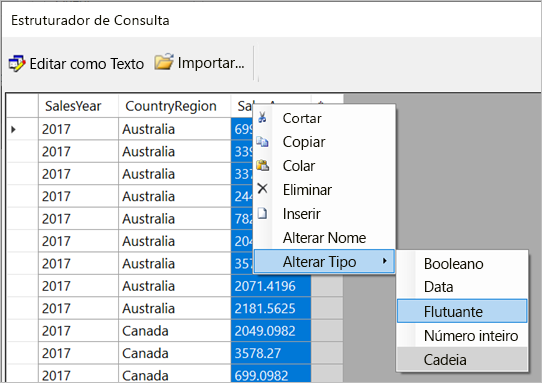 Captura de ecrã das opções Alterar tipo de dados.