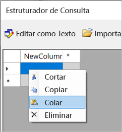 Captura de tela da opção Colar no Designer de Consulta.