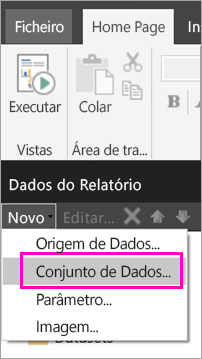 Captura de tela da opção Conjunto de Dados no painel Dados do Relatório.