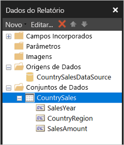 Captura de tela dos Conjuntos de Dados no painel Dados do Relatório.