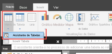 Captura de ecrã da opção Assistente de Tabela.