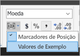 Captura de tela mostrando onde selecionar Valores de Exemplo.