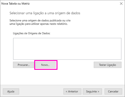 Captura de tela mostrando onde selecionar Novo para uma conexão de fonte de dados.