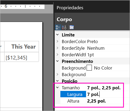 Captura de tela das propriedades do tamanho do corpo.