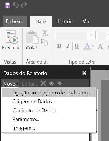 Captura de ecrã do novo conjunto de dados no painel Dados do Relatório.