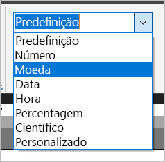 Captura de ecrã das opções de formato numérico.