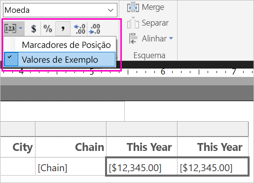 Captura de tela de valores de exemplo para formatação.