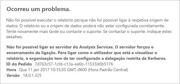 Captura de ecrã dos Relatórios do Power B I a mostrar uma mensagem de erro relacionada com problemas de ligação ao servidor do Analysis Services.