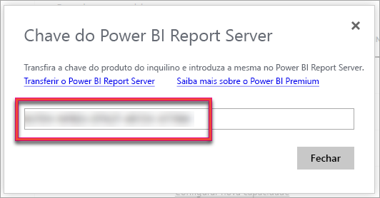 Captura de ecrã da chave de produto do Servidor de Relatórios do Power BI.