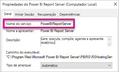 Propriedades do Serviço Servidor de Relatório do Windows