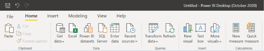 Captura de ecrã do novo friso no Power BI Desktop para Servidor de Relatórios do Power BI.