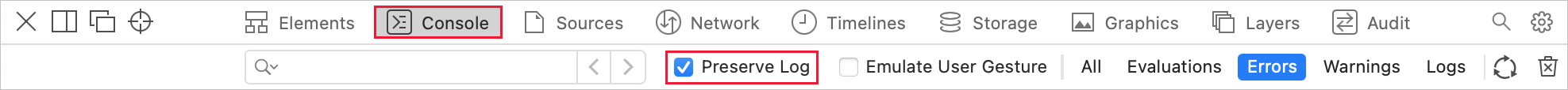 Captura de tela do menu Inspetor da Web com Console e Preservar log selecionados.