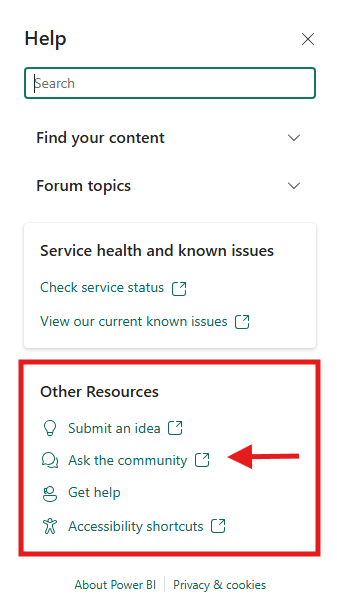 Captura de ecrã de recursos adicionais no Painel de Ajuda, incluindo ligação à comunidade.