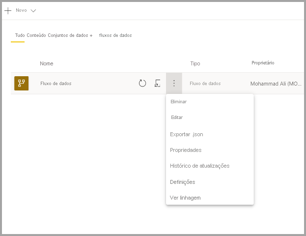 Captura de tela de um fluxo de dados selecionado com o menu suspenso mais aberto.