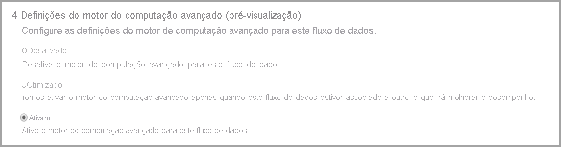 Captura de tela das configurações aprimoradas do mecanismo de computação com a opção ativada selecionada.