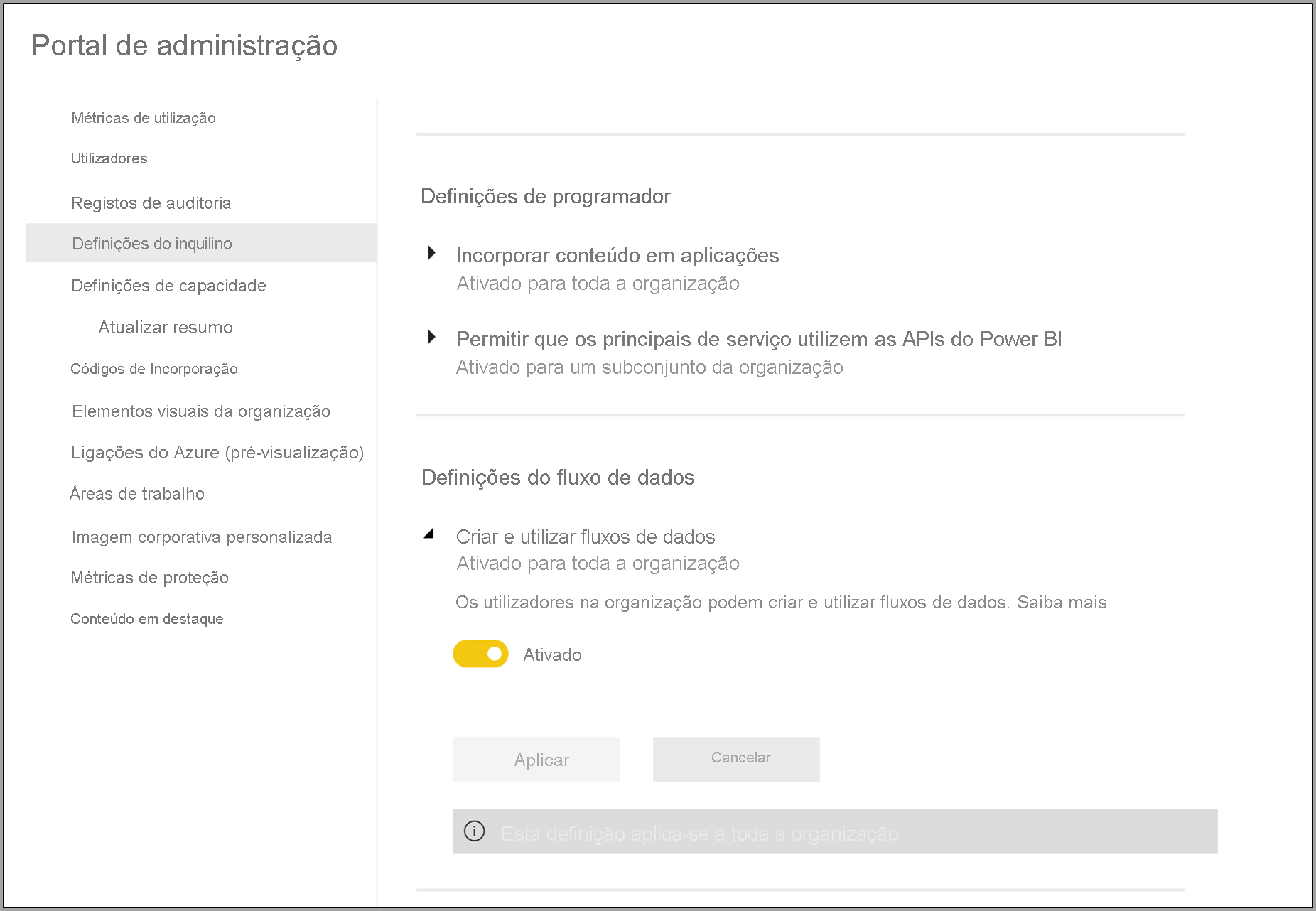 Portal de administração para fluxos de dados no Power BI Premium