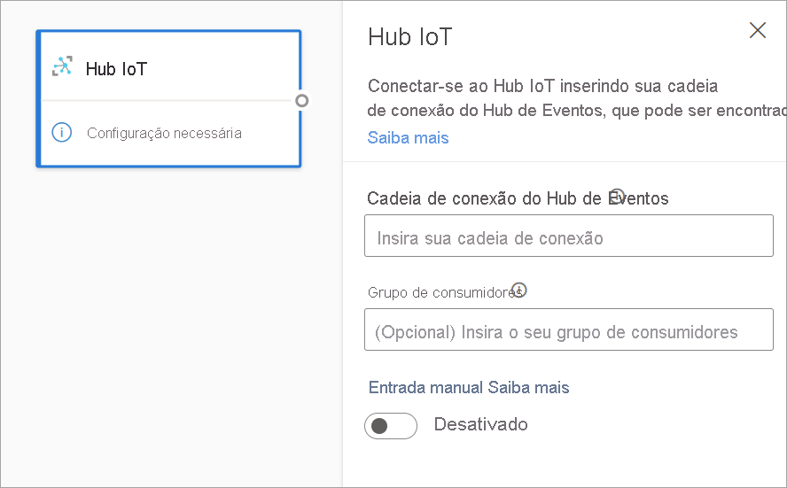  Captura de tela que mostra a placa IOT Hub e o painel de configuração no modo de exibição de diagrama