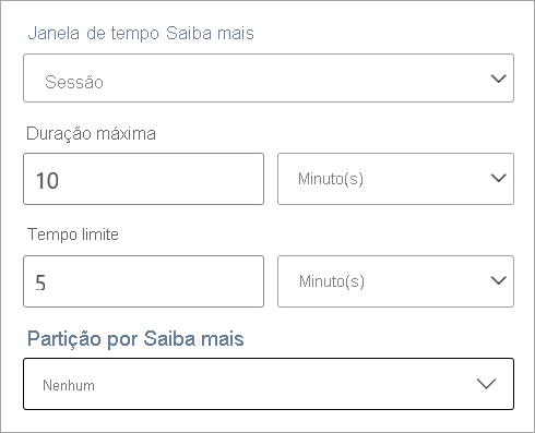 Captura de tela que mostra as configurações de duração, tempo limite e partição para uma janela de tempo de sessão.