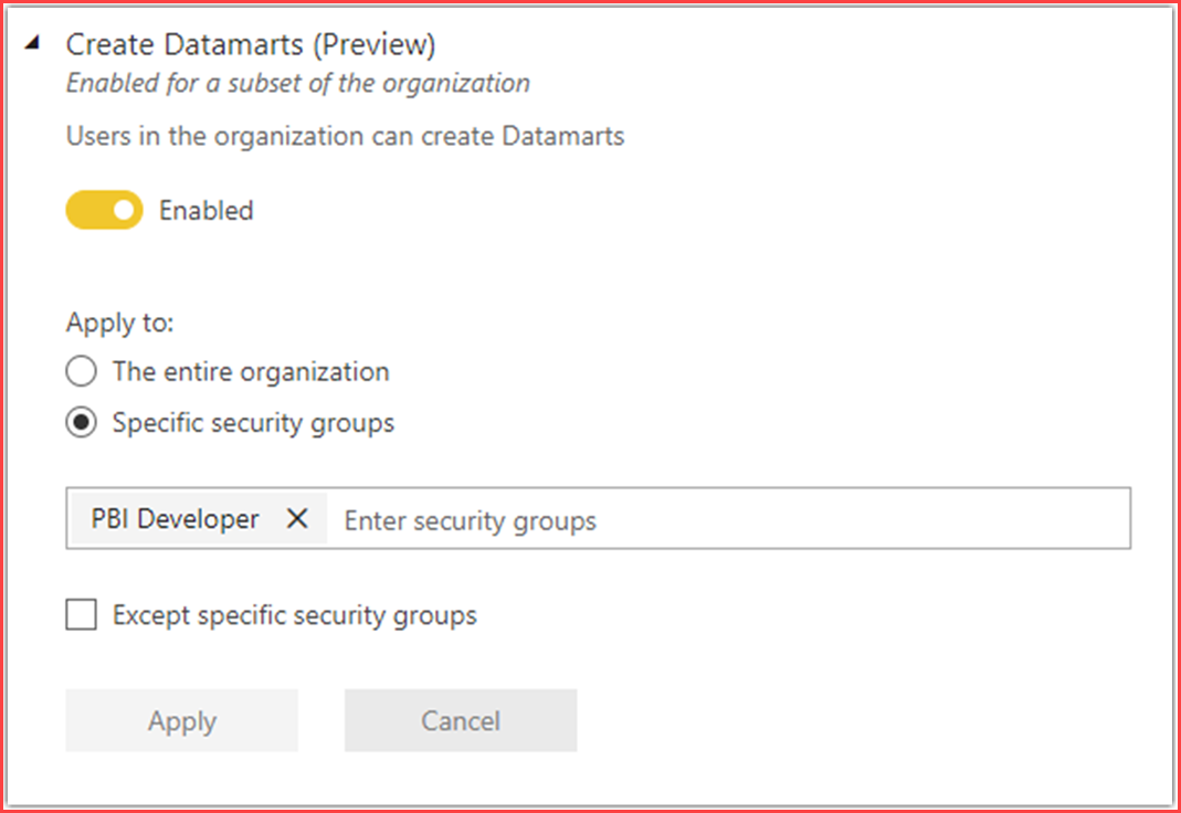 Captura de ecrã do portal de administração para ativar ou desativar datamarts.