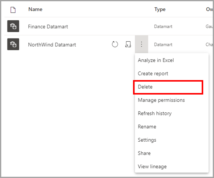 Captura de tela mostrando a exclusão de um datamart do espaço de trabalho.