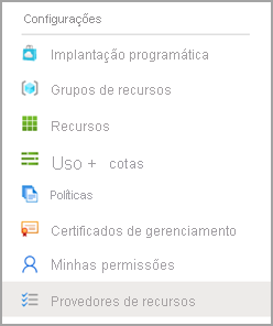 Captura de ecrã das opções do menu de configurações, provedores de recursos estão selecionados.